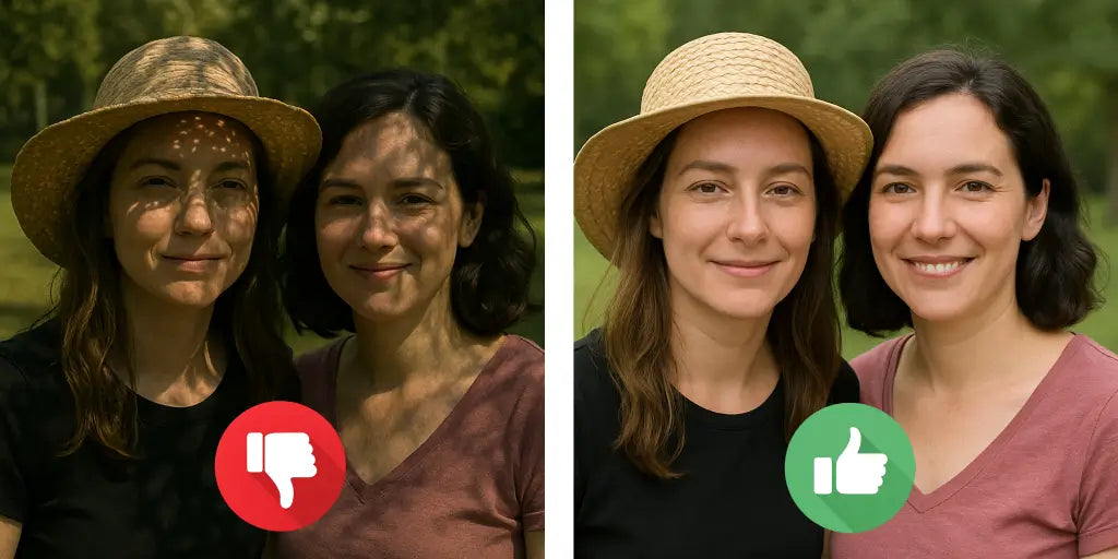 Vergleich schlecht und gut beleuchteter Gesichter bei der Fotoauswahl für ein Mosaik